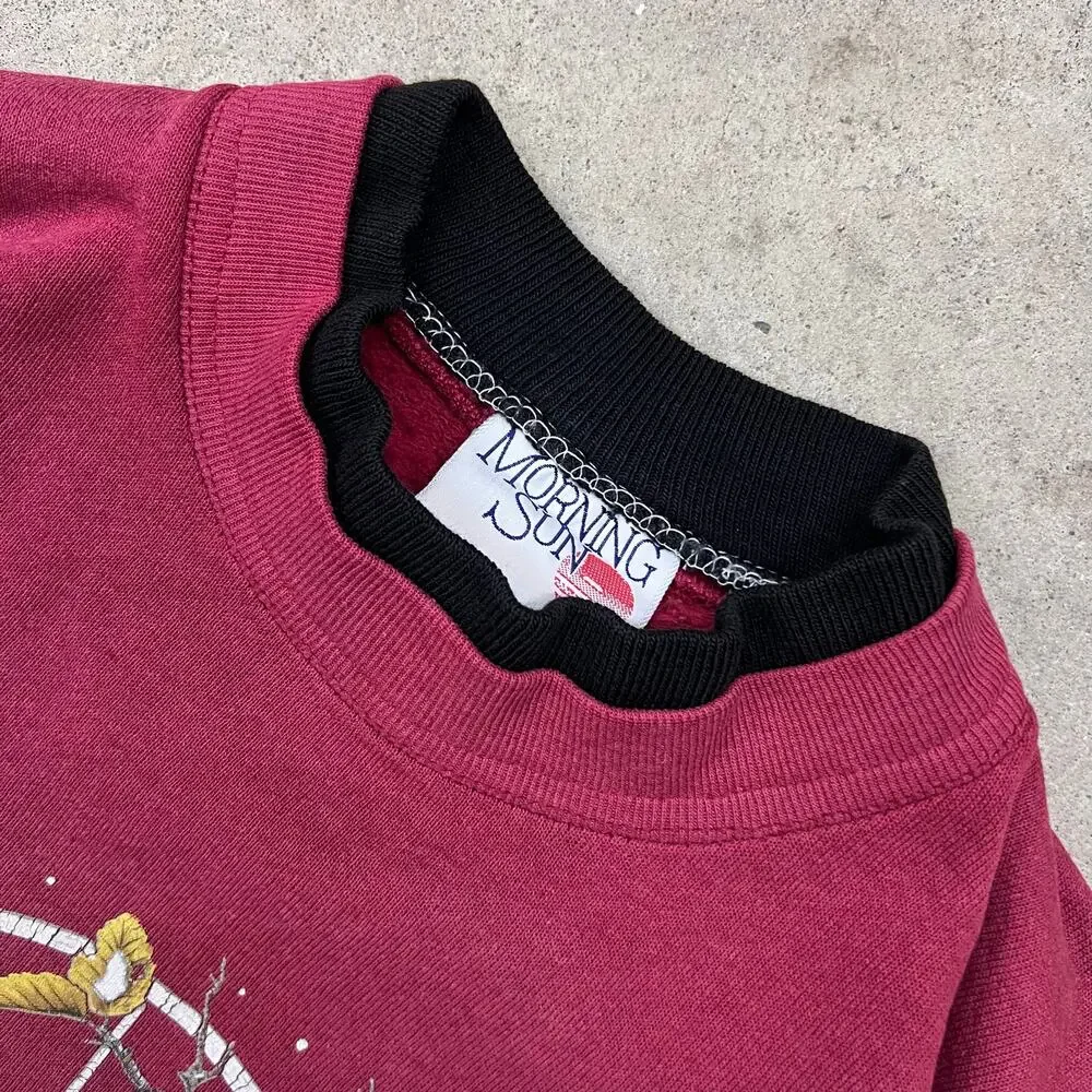 Vintage Winter Chickadee Bird Grannycore Double Collar Crewneck Sweatshirt M Red - Picture 5 of 14